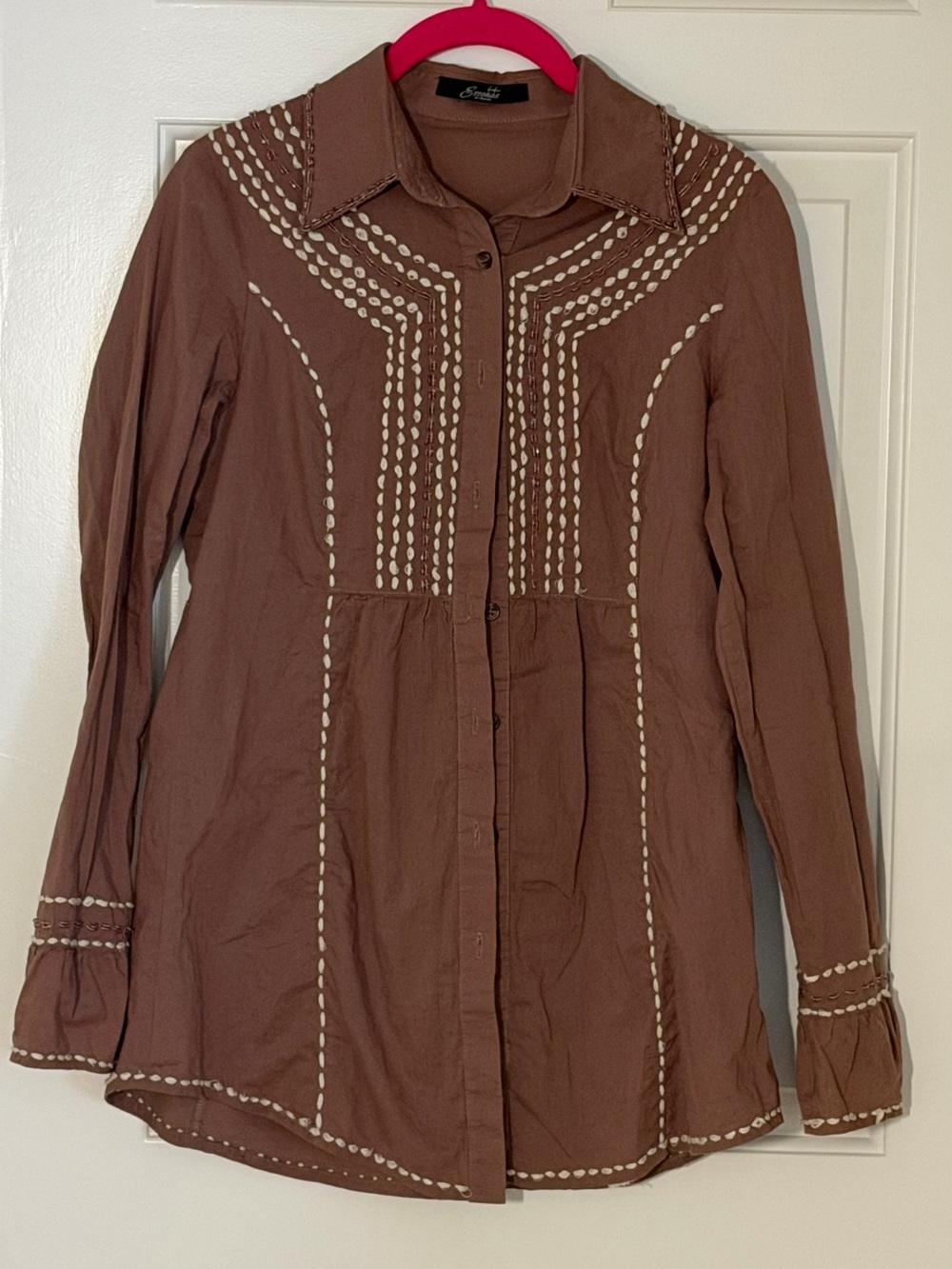 Essentials by Milano Brown Button-Down Top with White Embroidery